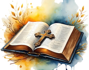7 Watercolor Bible And Cross  Clip Art, Holy Book Png, Christian, Religious Clipart, Bible Book, Free Commercial Use