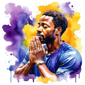 7 ClipArt di acquerello uomo nero che prega, Png di preghiera afro-americana, Clipar religiosa, uso commerciale gratuito