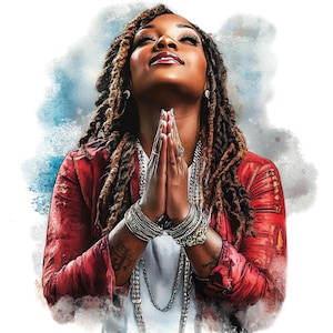 7 aquarel zwarte vrouw bidden illustraties, Afro-Amerikaanse vrouw gebed png, religieuze clipart, gratis commercieel gebruik