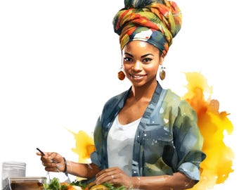 7 acuarela mujer negra cocinando comida callejera clipart, mujer afroamericana cocinera, cocinando hornear png, cocina estilo boho clipart