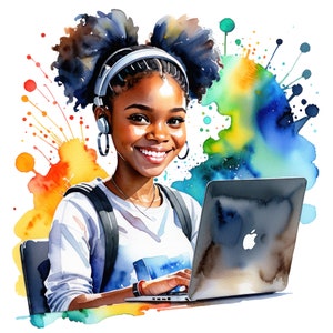 7 aquarel zwart meisje student illustraties, werk van laptop png, leren illustraties, studeren clipart, terug naar school, gratis commercieel gebruik