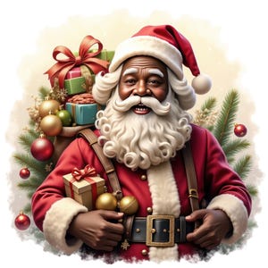 7 aquarelles clipart père Noël afro-américain, père Noël noir vintage Png, clipart scène de Noël, usage Commercial complet