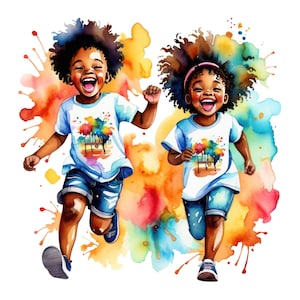 7 aquarel gelukkige zwarte kinderen spelen clipart, Afro-Amerikaanse kinderen png, commercieel gebruik