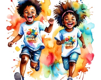 7 Watercolor Happy Black Kids  Playing Clipart,  Afro American Children Png, Commercial Use