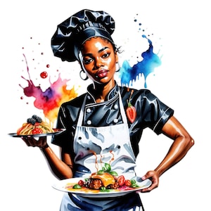 Aquarel zwarte vrouw chef-kok clipart, Afro-Amerikaanse chef-kok png, koken bakken png, keuken illustraties, gratis commercieel gebruik