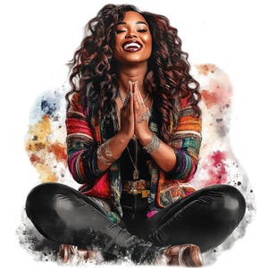 7 aquarel zwarte vrouw bidden illustraties, Afro-Amerikaanse vrouw gebed png, religieuze clipart, gratis commercieel gebruik