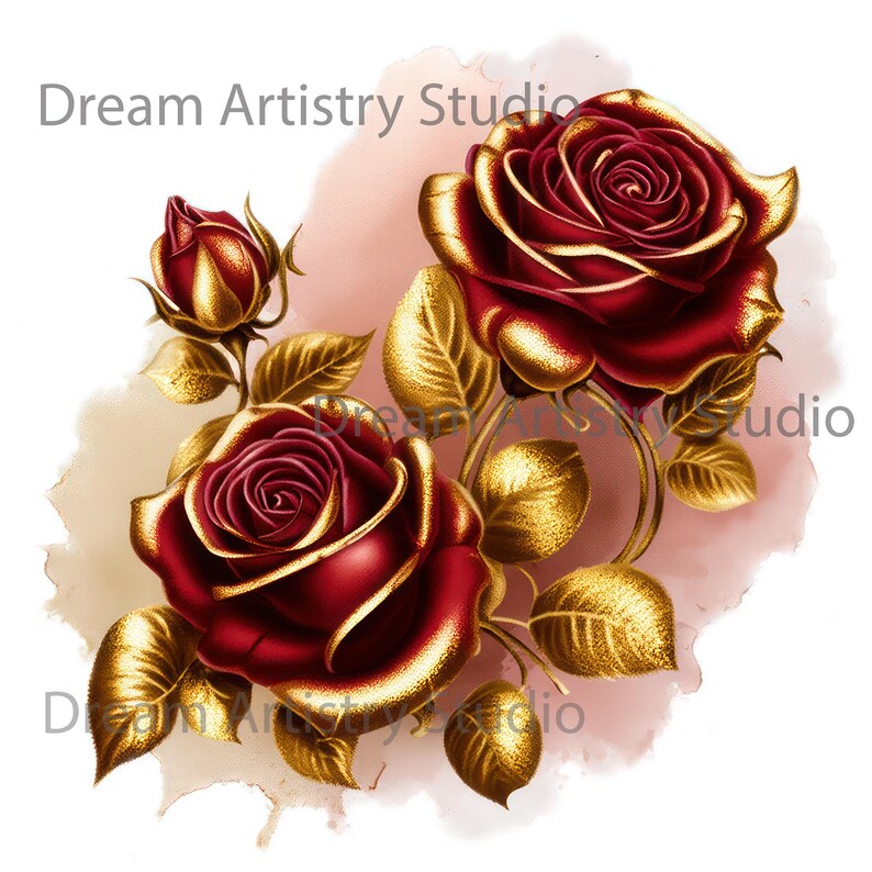Washed Red Roses 7 Red Gold Roses Flowers Png, Roses Watercolor Clipart, Commercial Use ...