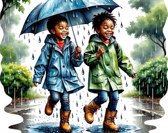 Puede incluir: Dos niños con impermeables y sosteniendo un paraguas caminan por un charco bajo la lluvia.