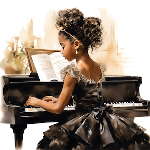 7 Acquerello Ragazza afroamericana che suona il pianoforte Clipart, Png pianista femminile, Png amante della musica, Uso commerciale