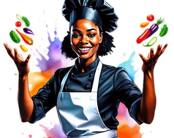 Watercolor Black Woman Chef Clipart, Afro American  Chef Png, Cooking Baking Png,  Kitchen Clip art, Pastry, Free Commercial Use