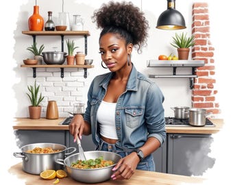 7 Imágenes prediseñadas de mujer negra cocinando en acuarela, mamá afroamericana cocinando, imágenes prediseñadas de cocina para cocinar y hornear, uso comercial gratuito
