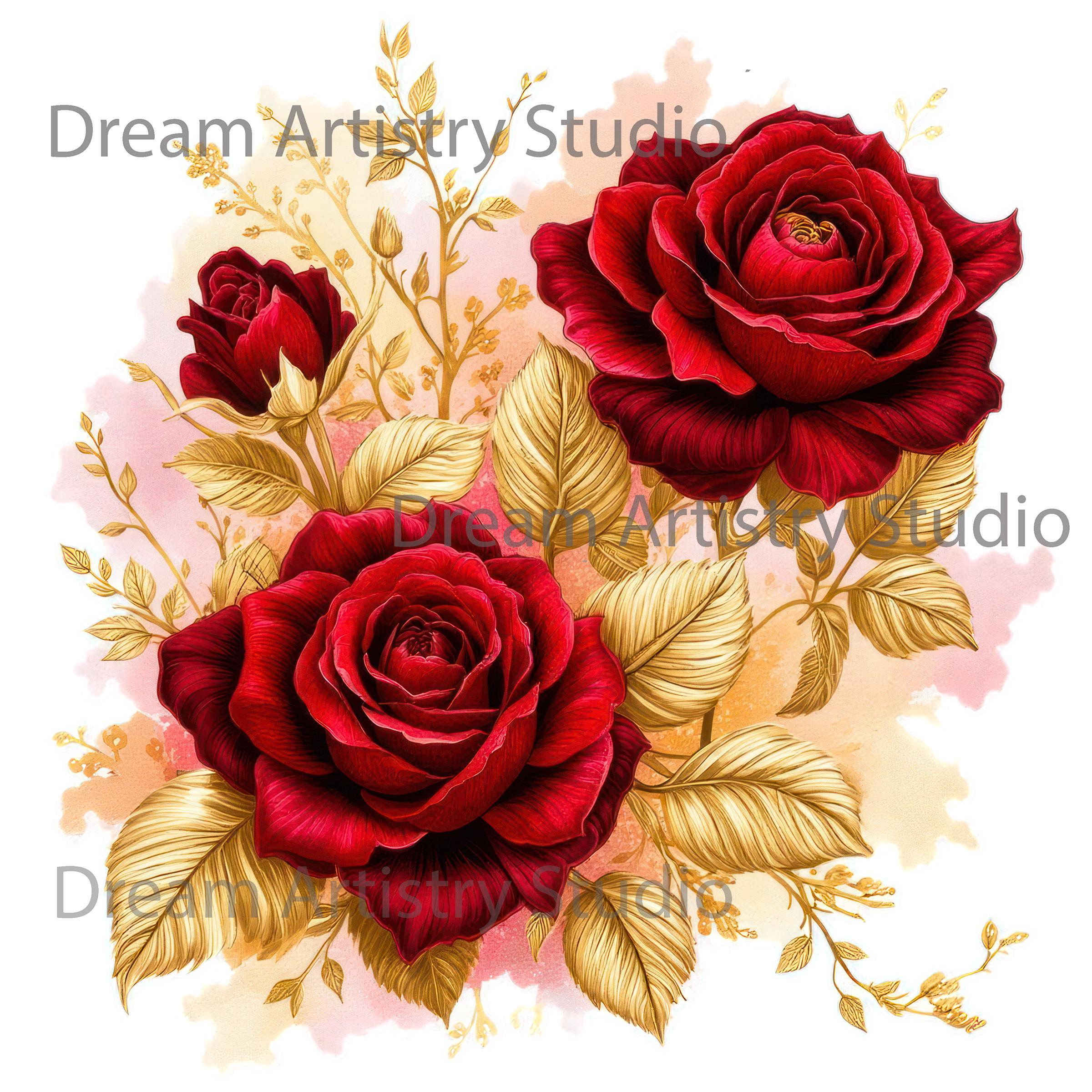 Red Gold Roses Image 7 Red Gold Roses Flowers Png, Roses Watercolor Clipart, Commercial Use ...
