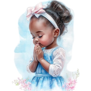 7 Aquarell kleines schwarzes betendes Mädchen Clip Art, afroamerikanisches Mädchengebet Png, religiöses Clipart, freie kommerzielle Nutzung