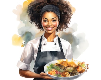 Watercolor Black Woman Chef Clipart, Afro American  Chef Png, Cooking Baking Png,  Kitchen Clip art, Free Commercial Use