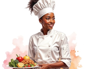 Watercolor Black Woman Chef Clipart, Afro American  Chef Png, Cooking Baking Png,  Kitchen Clip art, Free Commercial Use