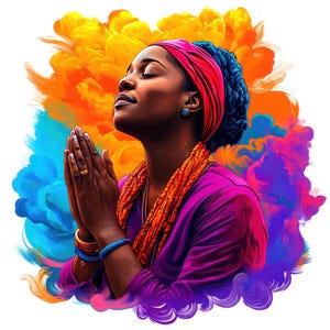 7 aquarel zwarte vrouw bidden illustraties, Afro-Amerikaanse vrouw gebed png, religieuze clipart, gratis commercieel gebruik