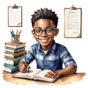 7 Aquarell schwarzer Junge Studenten Clip Art, Buchliebhaber Png, Lesen Clip Art, Studieren Clipart, Schulanfang, kostenlose kommerzielle Nutzung