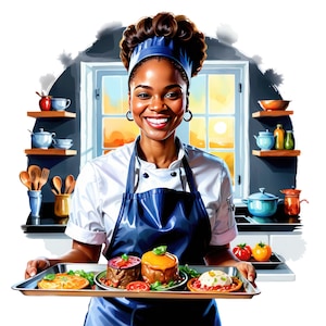 Aquarela Mulher Negra Chef Clipart, Afro American Chef Png, Cooking Baking Png, Kitchen Clip art, Uso comercial gratuito