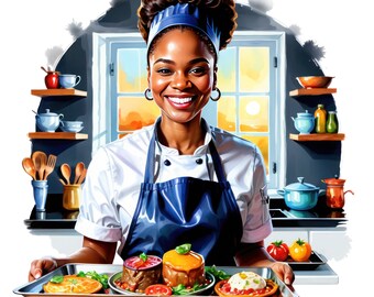 Watercolor Black Woman Chef Clipart, Afro American  Chef Png, Cooking Baking Png,  Kitchen Clip art, Free Commercial Use