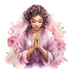 7 aquarel meisje bidden illustraties, Afro-Amerikaanse vrouw gebed png, religieuze clipart, gratis commercieel gebruik