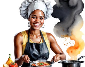 Watercolor Black Woman Chef Clipart, Afro American  Chef Png, Cooking Baking Png,  Kitchen Clip art, Free Commercial Use