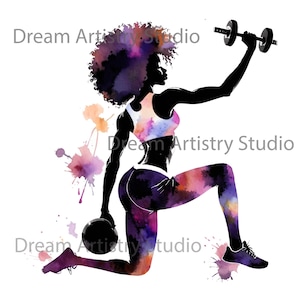 7 Watercolor Black Woman Workout Clipart, Afro American Woman Doing ...