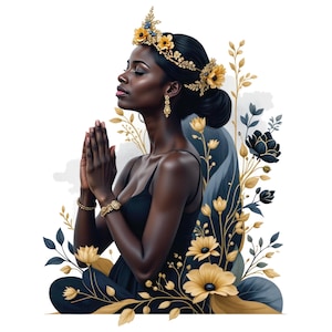 7 aquarel zwart meisje bidden illustraties, Afro-Amerikaanse vrouw gebed png, religieuze clipart, gratis commercieel gebruik