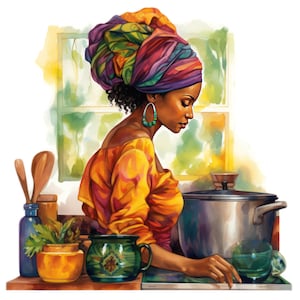 7 aquarel zwarte vrouw koken clipart, Afro-Amerikaanse vrouw kok, koken bakken PNG, Boho stijl keuken clipart, gratis commercieel gebruik