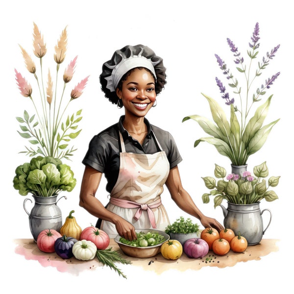 7 aquarel zwarte vrouw vegetarische chef-kok illustraties, Afro-Amerikaanse veganistische chef-kok png, koken bakken png, vegetarisch eten illustraties