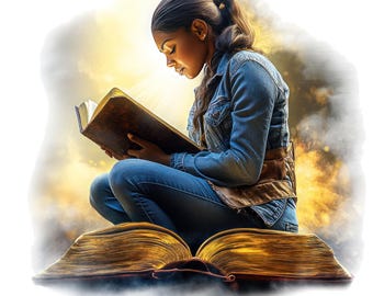 7 Aquarell schwarzes Mädchen liest eine Bibel Clipart, christliche Clipart, religiöser Png, kostenlose kommerzielle Nutzung