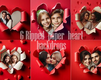 6 Ripped Red Paper Overlay Set, Digital Backgrounds, Birthday Digital Backdrops, Ripped Heart Photoshop Overlay, Studio Backdrops