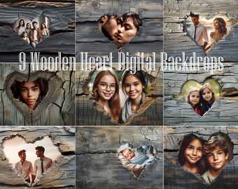 9 Wooden Heart Digital Backdrops Pack, Wooden Backdrops Overlay, Loving Couple Overlay PNG, Backdrops for Girls and Boys, Family Background