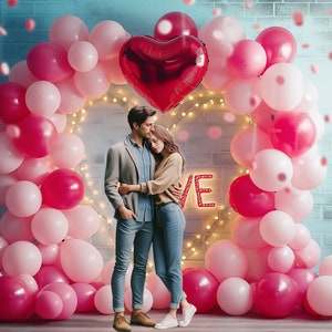 Valentine's Day Backdrop: red and pink balloons, digital backdrop in blue loft, Digital Background, couple in love.