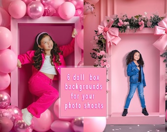 6 Pink doll box digital backdrop, Doll Inspired Background, digital backdrop overlay for girls, DIGITAL PRODUCT, Pink doll box, balloon wall