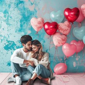 Valentine's Day Background: Red and Pink Heart-Shaped Balloons, Digital Background. Valentine's Digital Backdrop in a Blue Loft-style Room.