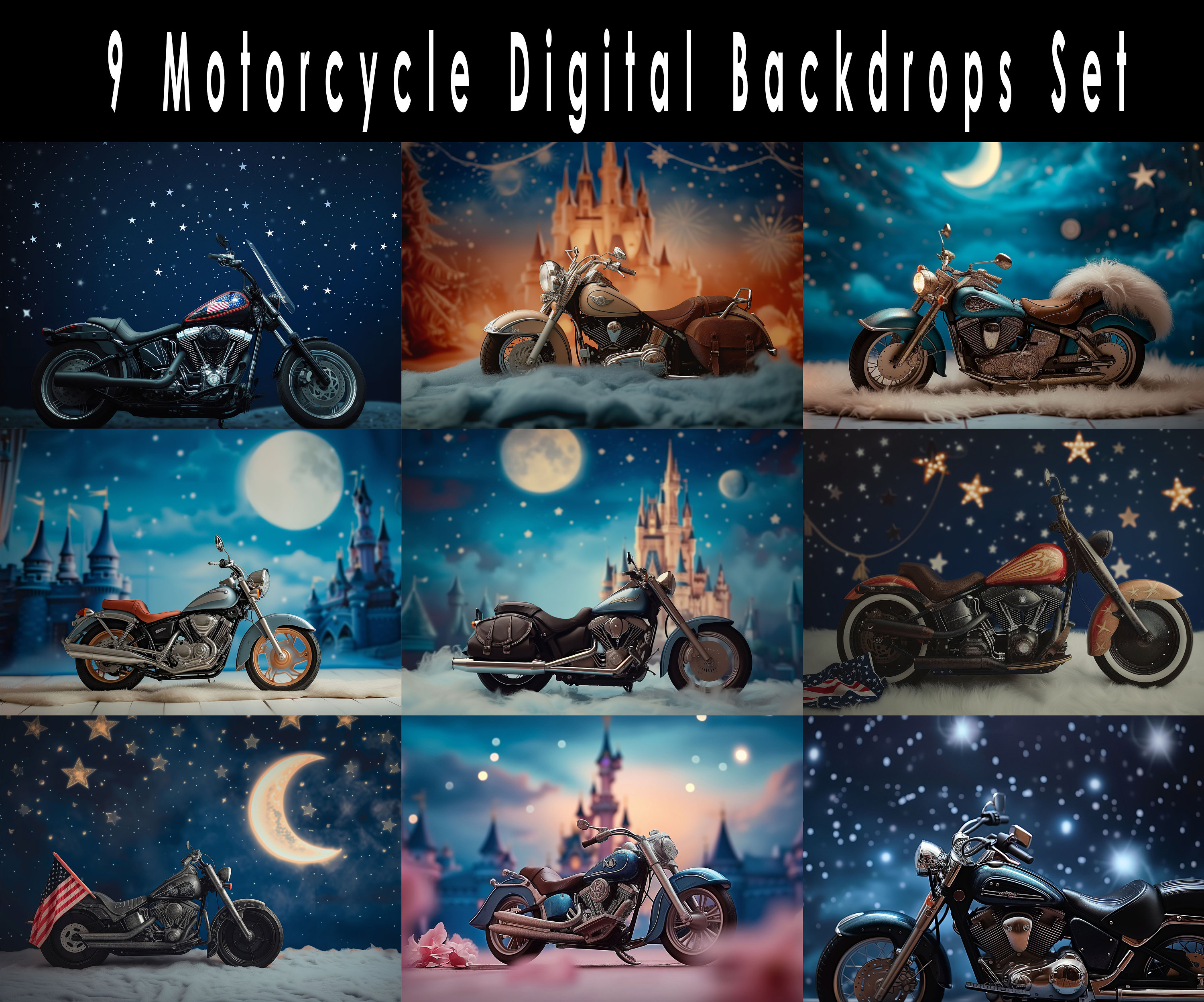 9 Motorcycle Digital Backdrops Set, Motorbike Background for Kids, Baby, Child or Newborn, Composite Photoshop, Overlay, Bike Backdrops