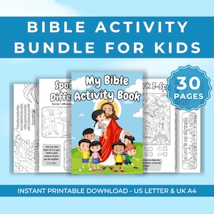 以下が含まれることがあります： 子供向けのカラフルな印刷可能なアクティビティブック。聖書をテーマにした30ページのアクティビティが掲載されており、違いを見つける、私はあなたが見られないものを見ている、塗り絵などがあります。表紙には、子供たちとイエスのイラストが描かれています。