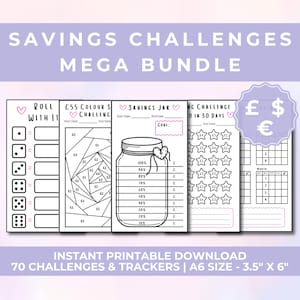 Può includere: Set di tracker per sfide di risparmio stampabili in un mega bundle. Include un gioco di dadi "Roll with it", un salvadanaio da colorare, una sfida di risparmio di 30 giorni e un tracker di valuta. I fogli stampabili sono in bianco e nero e hanno un design a forma di cuore rosa.