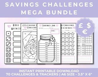 70 x Savings Challenge MEGA BUNDLE // A6 Sized Mini Savings Challenge Savings Trackers Budget Finance Planner Roll the Dice Penny Challenge