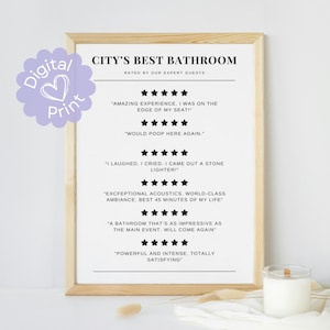 Funny Toilet 5 Star Reviews Print // bathroom decor, bathroom wall art, humorous reviews poster, bathroom rating sign, poop humor, washroom