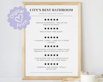 Funny Toilet 5 Star Reviews Print // bathroom decor, bathroom wall art, humorous reviews poster, bathroom rating sign, poop humor, washroom