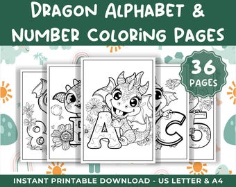 Dragon Coloring Pages Alphabet and Numbers // Preschool Kindergarten, ABC Coloring, Homeschool Activity, Alphabet Coloring, Fantasy Coloring