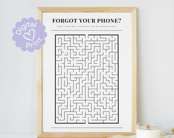Forgot Your Phone Bathroom Maze Print // guest bathroom decor, bathroom puzzle, bored on the throne, bathroom wall art, interactive prints