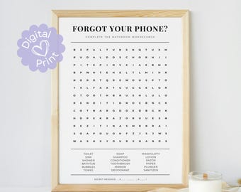 Forgot Your Phone Bathroom Word Search Print // guest bathroom decor, bathroom decor, bathroom puzzle, bored on the throne bathroom wall art