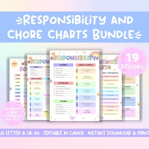 Bearbeitbares Verantwortungs-häher-Diagramm-Bundle für Kinder // Kinder-Job-Liste, tägliche Routine-Checkliste für Kinder, Wochenplaner für Kinder, Belohnungstabelle für Kinder
