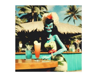 Barman barman tiki décalé et effrayant, été hawaïen, cocktails de fête tiki, aimant rétro monstre tiki