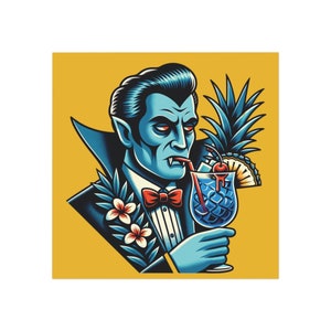 Vampire Drinking Blue Hawaiian Tiki Bar Cocktail Retro Square Magnet