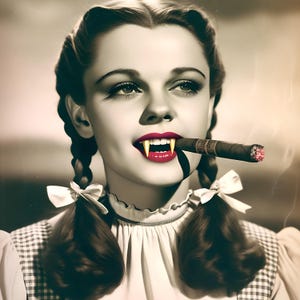 May include: A digitally altered portrait of a woman with dark hair styled in pigtails, adorned with white bows. She has red lipstick, sharp fangs, and is smoking a cigar. The image has a sepia tone, with a vintage aesthetic.