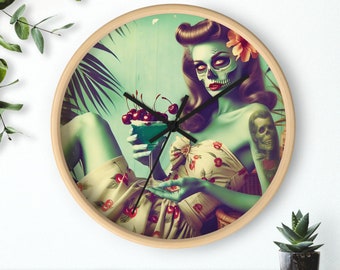 Zombie-Kirschen-Tiki-Cocktail-Retro-Rockabilly-Bar-Wanduhr