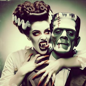 May include: A digitally enhanced image of the Bride of Frankenstein and Frankenstein's monster. The Bride has pale skin, dark eye makeup, and long red nails. Frankenstein's monster has green skin and stitches on his head. The image has a vintage, horror theme.